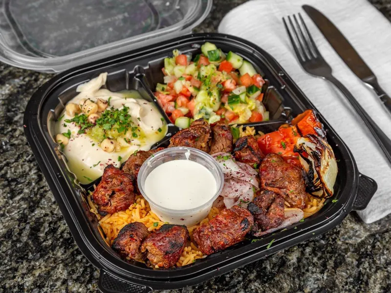 Beef shish kabab plate with grilled vegetables