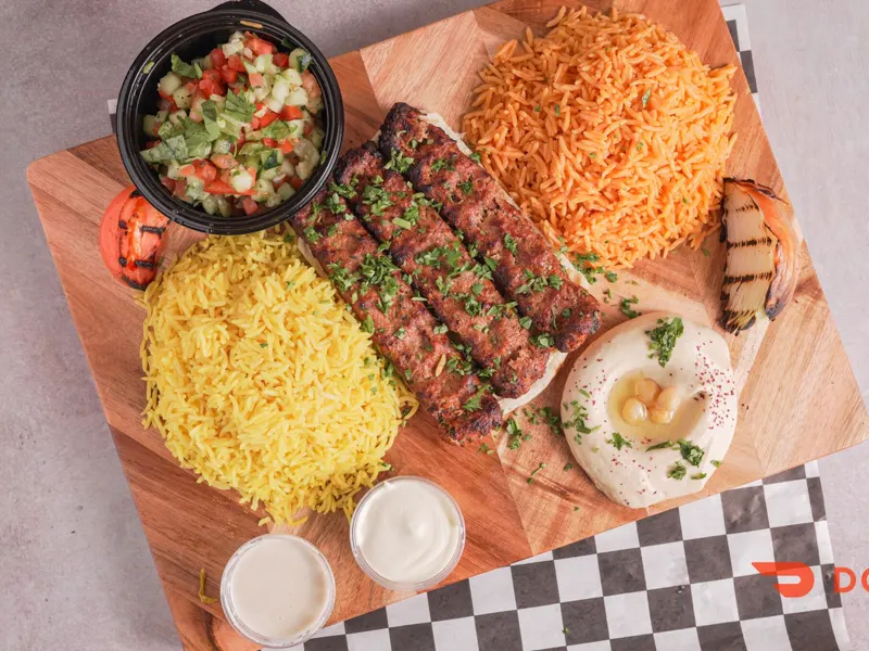 Kafta kabab plate with hummus and salad